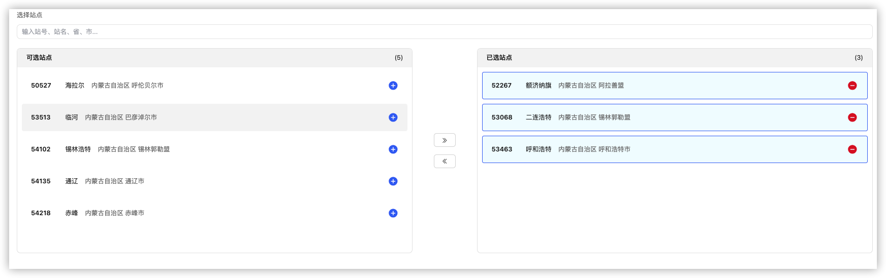 选择站点：可选站点与已选站点